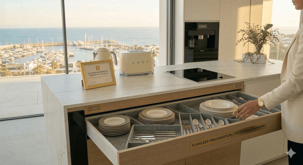 A flawlessly organised luxury kitchen drawer in a Marbella villa, featuring perfectly aligned 18/10 stainless steel cutlery and professional chef knives.