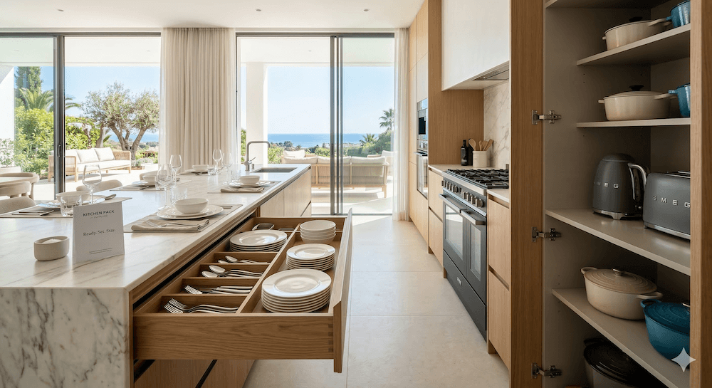 A perfectly staged, guest-ready kitchen in a Marbella luxury rental featuring SMEG appliances, 18/10 stainless steel cutlery, and fine bone china laid out for a morning breakfast.