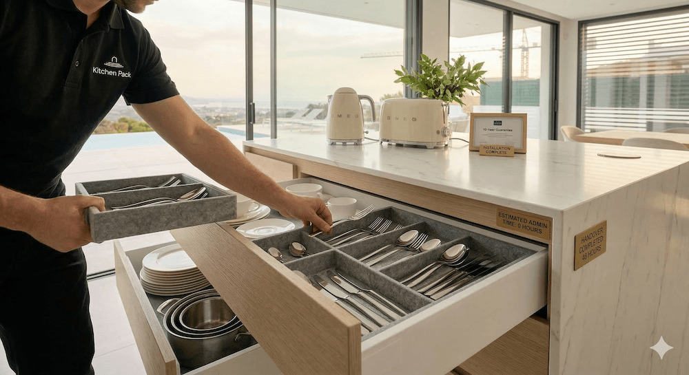 A professional installer in a high-end Benahavís villa kitchen, meticulously placing 18/10 stainless steel cutlery into a custom drawer insert, no packaging in sight.