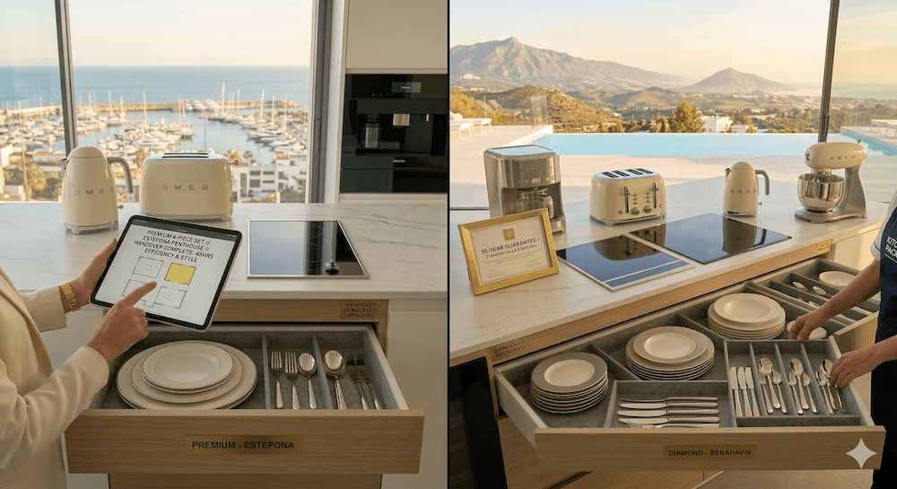 A side-by-side comparison of a Premium 4-piece kitchen set in a modern Estepona penthouse and a Diamond 12-piece set in a sprawling Benahavís villa, fully installed.