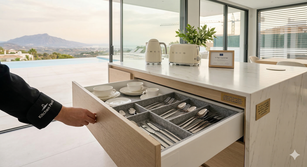 A sleek, modern villa kitchen in Benahavís with sun streaming in, fully stocked with premium glassware and SMEG appliances, ready for a summer tenant.
