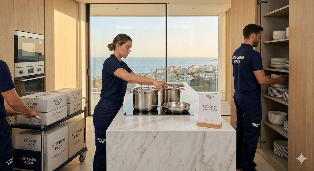 A thriving Marbella interior design team reviewing architectural plans, contrasting with a perfectly executed, zero-box luxury kitchen installation.