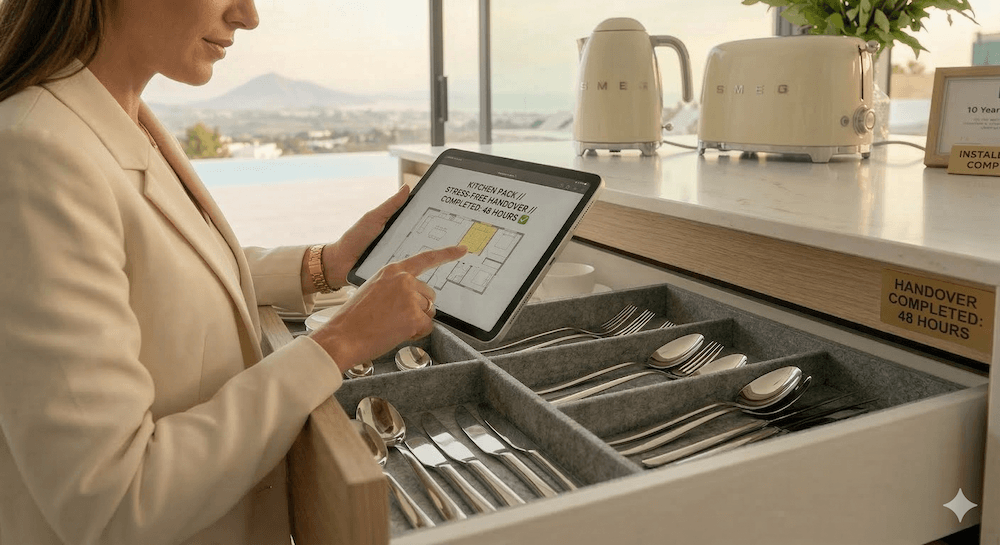 A well-dressed interior designer reviewing plans on a tablet in a finished, luxury Marbella kitchen, highlighting a stress-free handover process.