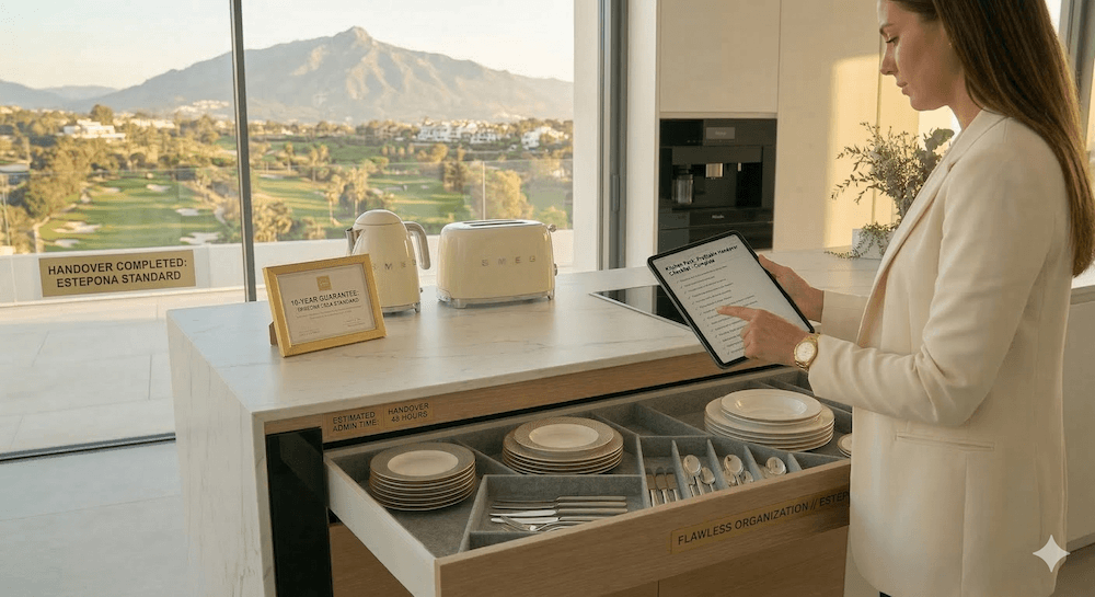 An interior designer reviewing a profitable handover checklist in a sleek, newly installed kitchen in a Nueva Andalucía luxury villa.