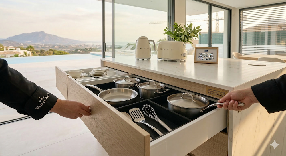 Close-up of polished 18:10 stainless steel cutlery and professional-grade cookware arranged in a contemporary luxury kitchen drawer.