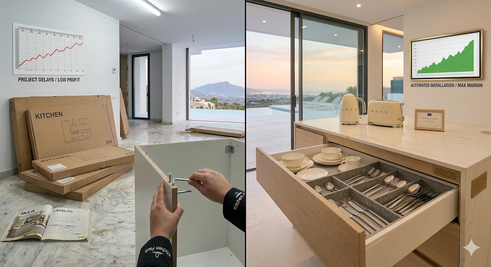 Side-by-side comparison of a cluttered retail delivery with flat-pack boxes versus a perfectly staged, installed luxury kitchen with high-end appliances.